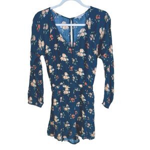 American Eagle Floral Gauzy Romper in Blue Long Sleeve V-Neck M